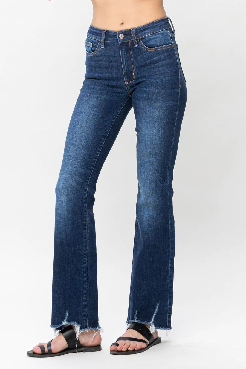 Judy Blue Full Size Mid Rise Raw Hem Slit Flare Jeans